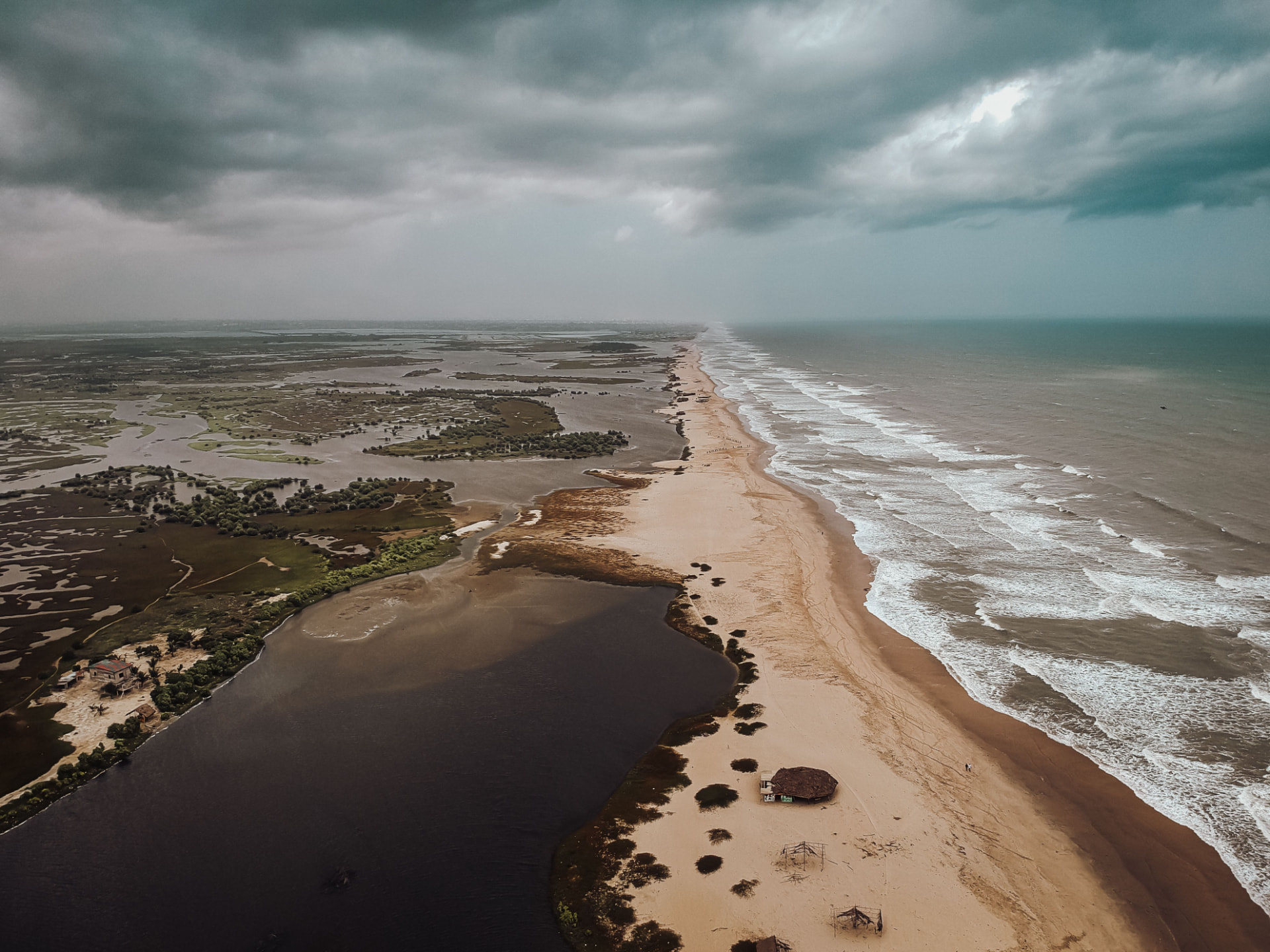 Aerial view of the long sandy beach and lagoon near Negombo